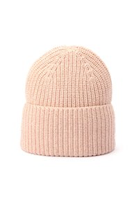 Stickad mössa i mjuk blushrosa, med ett räfflat mönster och en vikbar kant. Tillverkad av texturerat garn med en mysig och varm look.