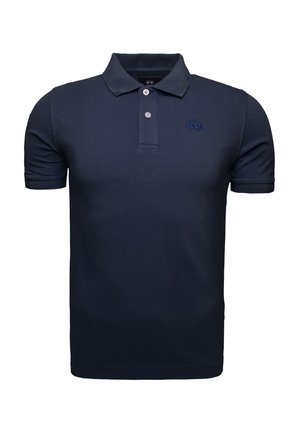 Navy blue polo shirt made of cotton, featuring a three-button placket, short sleeves, and an embroidered logo on the chest.