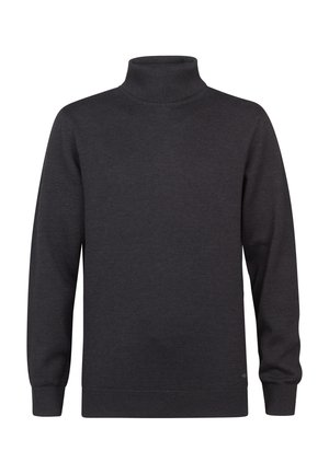 Suéter de cuello alto de color oscuro, hecho de una tela de punto suave. Cuenta con mangas largas y un cuello y dobladillo acanalados.