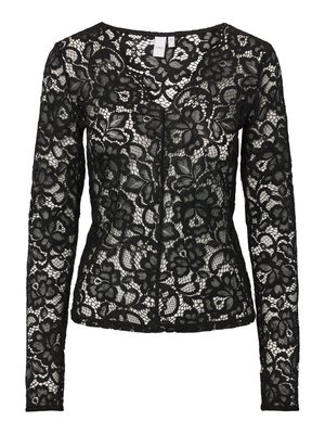 Blouse en dentelle noire à manches longues avec motif floral, tissu transparent et encolure arrondie, dotée d'une fermeture à agrafe à l'avant.