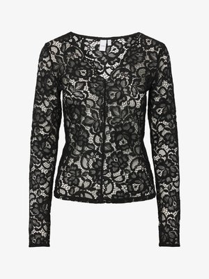 Musta pitkähihaiseen pitsipusero, jossa on kukkakuosi, läpikuultavaa kangasta ja pyöreä kaula-aukko. Puserossa on edessä koukku- ja silmäkiinnitys.