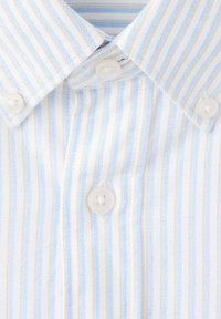 Camisa de botones con rayas azules y blancas, material de algodón, que presenta un cuello clásico y botones blancos. Textura suave con un brillo mínimo.