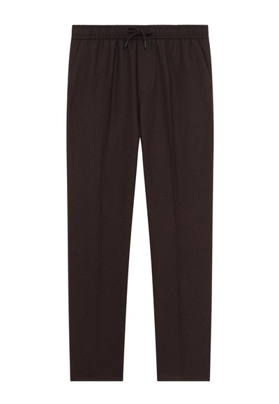 Donkerbruine, geweven broek met een elastische tailleband en een trekkoord. Voorzien van zijzakken en een recht model.