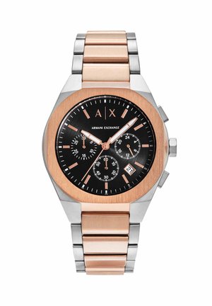 Armani Exchange herreur med rosagulv og sølv metalrem, sort urskive, tre delskiver, datovindue og kronograf funktioner.