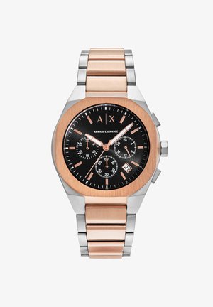 Armani Exchange Herrenuhr mit Roségold- und silberfarbenem Metallarmband, schwarzem Zifferblatt, drei Unterzifferblättern, Datumsfenster und Chronograph-Funktionen.
