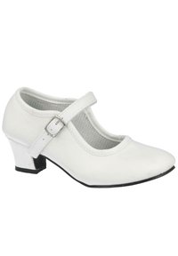 Zapato Mary Jane de cuero blanco con puntera redonda, correa ajustable y tacón de altura media. Plantilla texturizada y suela de goma negra.