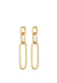 Boucles d'oreilles en métal doré présentant des formes ovales allongées et liées, avec une finition lisse et des fermoirs pivotants en haut.