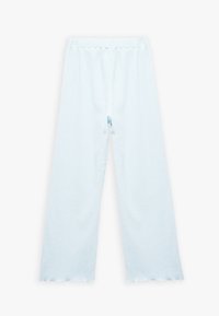 Lichtblauwe wijde broek van een textuurstof, met een elastische tailleband en onafgewerkte zoomdetails. Geschikt voor casual draag of loungen.