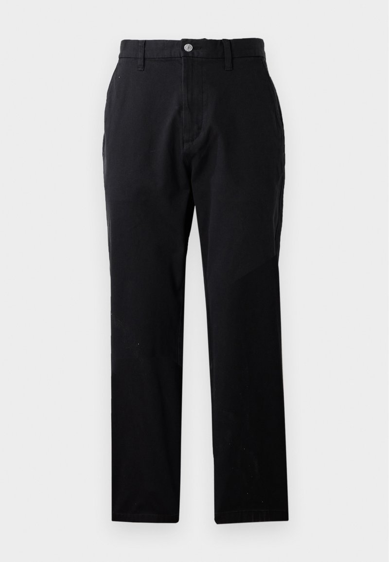 Schwarze Hose mit geradem Schnitt, aus einem glatten Stoff gefertigt. Verfügt über einen Vorderknopfverschluss und Seitentaschen, minimalistische Designdetails.