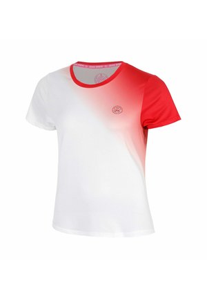 Kurzärmeliges Sportshirt mit rotem und weißem Farbverlauf, rundem Ausschnitt und kleinem rundem Logo auf der Brust.