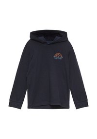 Marineblauwe hoodie van zachte stof, met een kangoeroezak en een oranje basketbalafbeelding met de tekst "IK BEN HIER VOOR DE WEDSTRIJD".