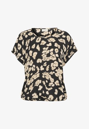 Must mustükk, mis on kaetud beeži loomade trükiga, ümar kaelus ning lõtv istuvus pehme tekstuuriga kangast.