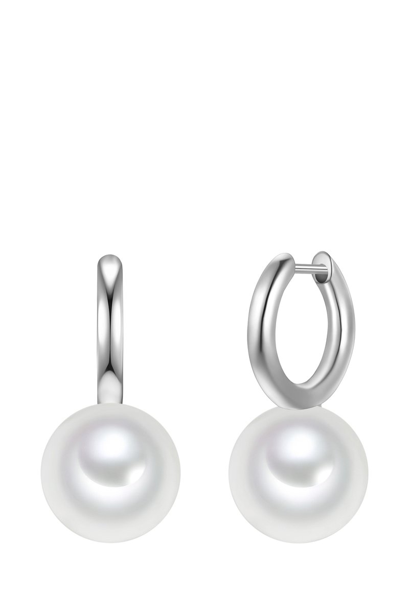 Srebrne obročaste uhane z velikimi belimi biseri. Gladka kovinska površina, z zaobljenim obročkastim dizajnom in sijočimi bisernimi akcenti.