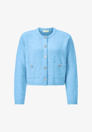 Blue, textured cardigan with a round neckline, front buttons, and two patch pockets, featuring silver-tone button accents.