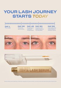 Nahaufnahmen von Augen vor und nach der Anwendung des Babe Original Essential Lash Serums, die längere Wimpern sowie die Anwendungsdauer zeigen.