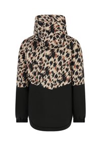 Hooded jacket met een zwart lijf en een bovenstuk met een patroon in beige, zwart en bruin tinten. Elastische manchetten en een ontspannen pasvorm.