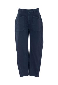 Navy blue cotton pants with a straight-leg design, featuring two front pockets and two back patch pockets. Stitched detailing along seams.