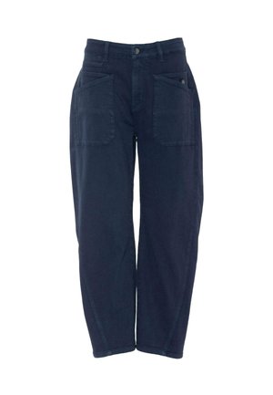 Navy blue cotton pants with a straight-leg design, featuring two front pockets and two back patch pockets. Stitched detailing along seams.