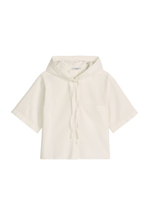 Chemise à manches courtes couleur blanc cassé avec capuche, boutons sur le devant, cordon de serrage à la capuche et poche poitrine, présentée sur un fond blanc.