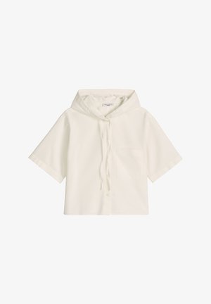 Kurzärmeliges, elfenbeinfarbenes Kapuzenhemd mit Knöpfen vorne, Kordelzugkapuze und Brusttasche, vor weißem Hintergrund dargestellt.