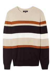 Pull en tricot avec un col rond et des manches longues ; présente des rayures horizontales en beige, blanc, marron et noir. Texture douce.