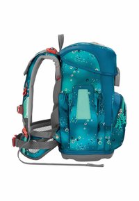 Teal fabric backpack with bubble pattern, gray accents, adjustable straps, mesh back support, and zippered pockets for storage.