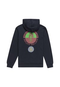 Sudadera de marina con un diseño gráfico en la parte posterior que presenta círculos verdes y rojos y un logo. El texto dice "NUTRE LA NATURALEZA." Textura suave.