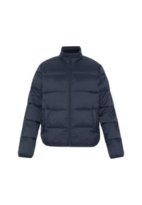 Navyblauer Pufferjacke mit hohem Kragen, ausgestattet mit einem vorderen Reißverschluss und zwei Seitentaschen; gestepptes Muster und weiches Material.