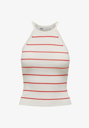Witte geribbelde haltertop met horizontale rode strepen, een strakke pasvorm en een scoop-halslijn. Geen zichtbaar beslag of accenten.