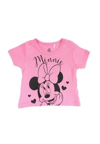 Chemise rose à manches courtes avec un graphique noir d'un personnage portant un nœud et des cœurs, fabriquée en coton doux. Fermeture à pression à l'épaule.