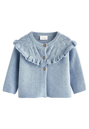 Jasnoniebieski dziany sweterek dla dziecka z długimi rękawami, trzema drewnianymi guzikami, falbanowatym karczkiem i subtelnym zdobieniem w kształcie diamentów.