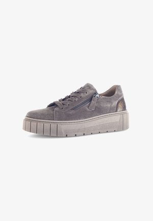 Grey suede sneaker with round toe, flat ridged sole, decorative side zipper, and a metallic accent on the heel.