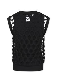 Haut sans manches noir présentant un design en maille texturée avec des motifs de losanges, un col en maille côtelée et un ourlet noir uni en bas.