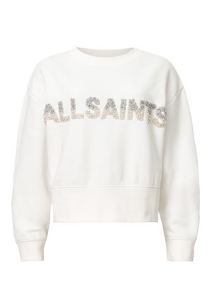 Sweatshirt court blanc en tissu doux, arborant "ALLSAINTS" en strass argentés sur le devant. Manches côtelées et ourlet.