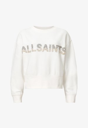 Biały krótki sweter wykonany z miękkiego materiału, z napisem "ALLSAINTS" w srebrnych cyrkoniach z przodu. Prążkowane mankiety i dół.