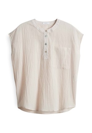 Blusa corta beige chiaro a maniche corte con scollo rotondo, chiusura frontale con bottoni e taschino sul petto, realizzata in tessuto stropicciato testurizzato.
