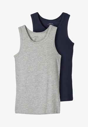 Due top senza maniche in grigio e blu navy, realizzati in morbido cotone. Ognuno presenta un classico collo rotondo e una texture liscia.