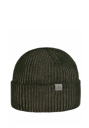 Dark green ribbed knit beanie with folded cuff and small rectangular fabric tag on the front.