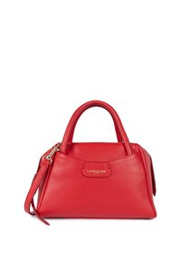 Borsa a mano rossa in pelle con doppie maniglie, forma strutturata, superficie testurizzata, accessori in metallo dorato e tracolla staccabile.