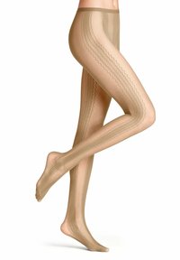 Beige gemusterde panty met een zigzagpatroon, gemaakt van transparant materiaal. Ze hebben een soepele tailleband en gestructureerde benen.