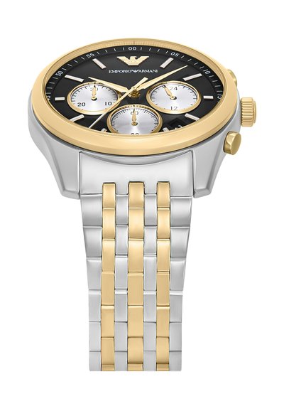 Chronograph-Armbanduhr mit schwarzem Ziffernblatt, Band aus Edelstahl in Silber und Gold, drei Hilfsziffernblättern sowie goldenen Akzenten auf der Lünette und der Krone.