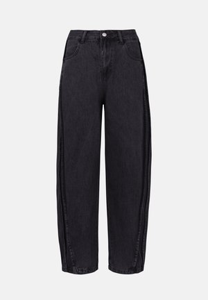 Jeans negre cu picioare largi, realizate din denim cu o textură netedă. Prezintă talie înaltă, buzunare frontale și închidere cu buton la talie.