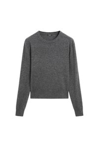 Szary sweter o kroju cropped, wykonany z dzianiny, z długim rękawem, okrągłym dekoltem i gładką fakturą. Prosty design, bez wzorów czy akcentów.