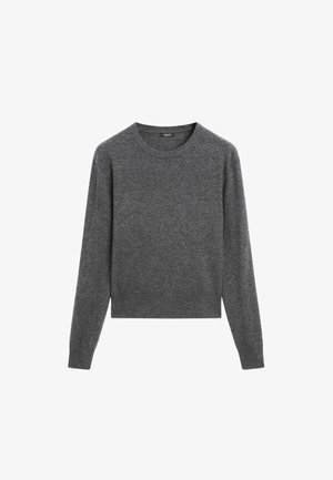 Gray cropped sweater made of knit fabric with long sleeves, a round neckline, and a smooth texture. Simple design, no patterns or accents.