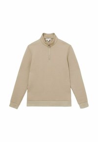 Beige zip-neck pullover med ribbet tekstur, lange ærmer og en ensfarvet kant i kanten, med en kort lynlås og en tætsiddende krave.