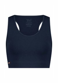 Laivastonsininen saumaton urheilurintaliivit, joissa on racerback-mallinen design, leveät olkaimet ja pieni oranssi logoetiketti vasemmassa alakulmassa.