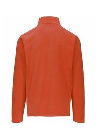 Felpa a maniche lunghe di colore arancione uniforme, dotata di un colletto alto e una texture morbida e liscia. Design pulito senza abbellimenti visibili.