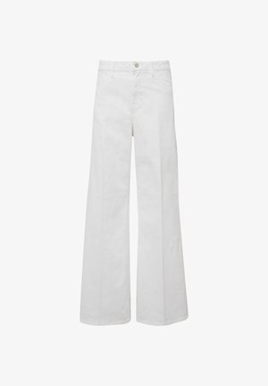 Hochtaillierte weiße Hose mit weitem Bein, vorne mit Knopfverschluss und Gürtelschlaufen, auf weißem Hintergrund präsentiert.