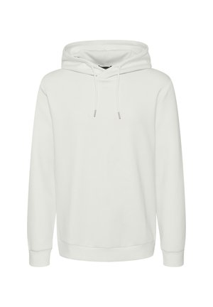Bijela hoodie napravljena od mekanog materijala, sa kapuljačom na vezanje, rebrastim manžetama i rubom. Jednostavan, minimalistički dizajn, bez vidljivih uzoraka ili logotipa.