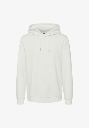 Witte hoodie gemaakt van zachte stof, met een capuchon met trekkoord, rib gebreide manchetten en zoom. Eenvoudig, minimalistisch ontwerp, zonder zichtbare patronen of logo's.